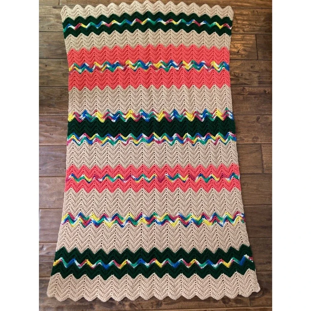 Handmade Afghan Crochet Retro Chevron Zig Zag 53'x31' Pink Green Boho